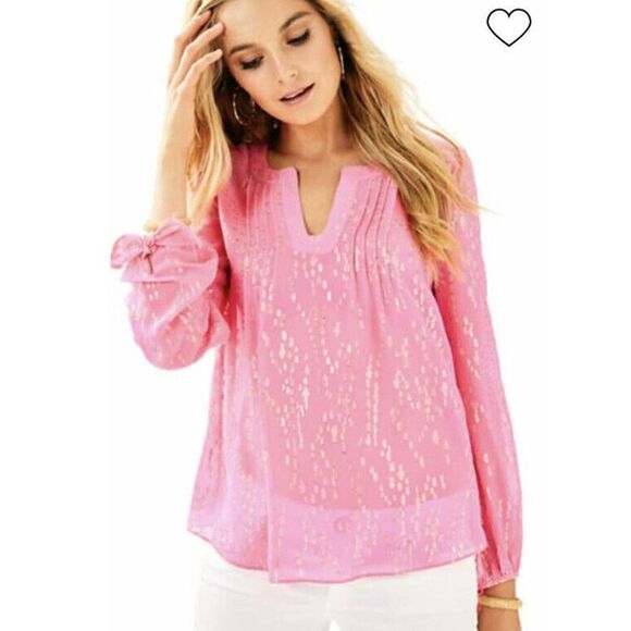 Lilly Pulitzer COLBY SILK CLIP TOP Neon Pink Gold Metallic Soleil Blouse Siz XXS - Picture 1 of 10